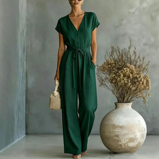 Relaxed Linen V Neck Wide Leg Jumpsuit for Everyday Wear