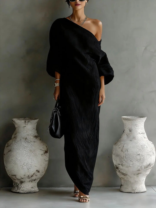Elegant One Shoulder Linen Maxi Dress with Batwing Sleeves for Summer