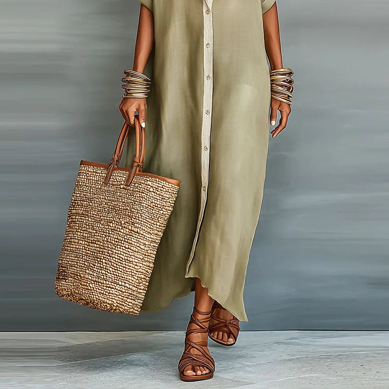 Relaxed Linen Button Down Maxi Shirt Dress for Summer