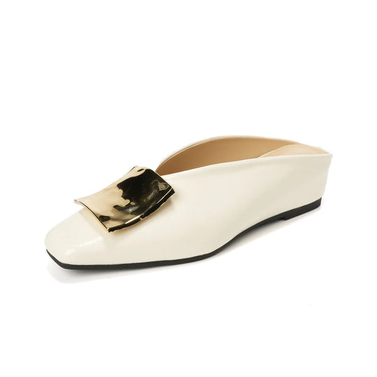 Square Toe Metal Buckle Slip On Mules for Casual Wear