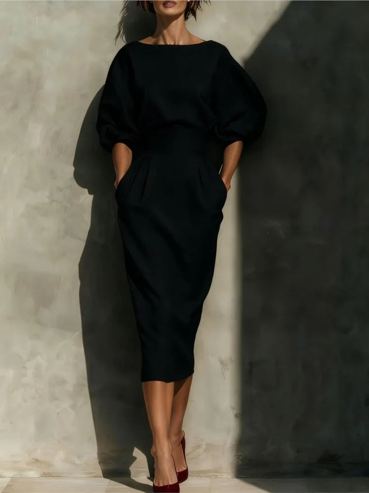 Elegant Pleated Lantern Sleeve Midi Dress for Office and Occasions