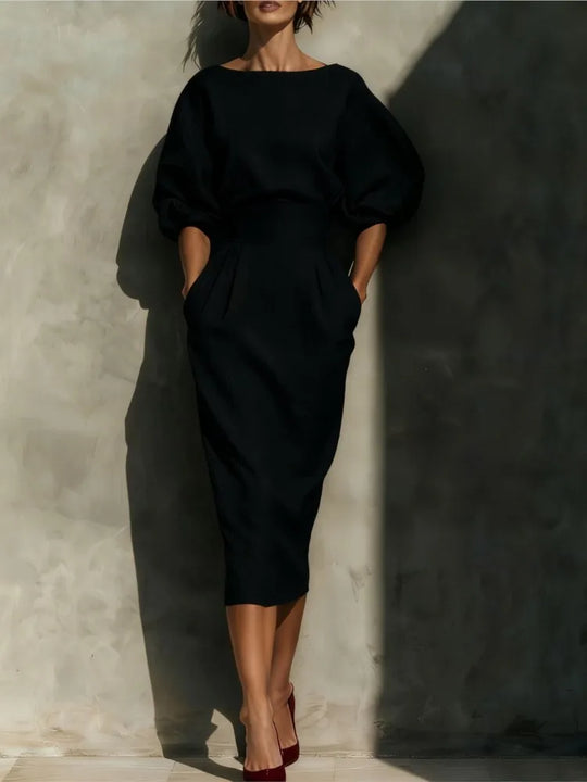 Elegant Pleated Lantern Sleeve Midi Dress for Office and Occasions