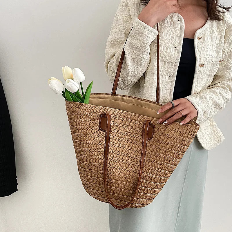 Oversized Straw Woven Tote Bag for Beach Days
