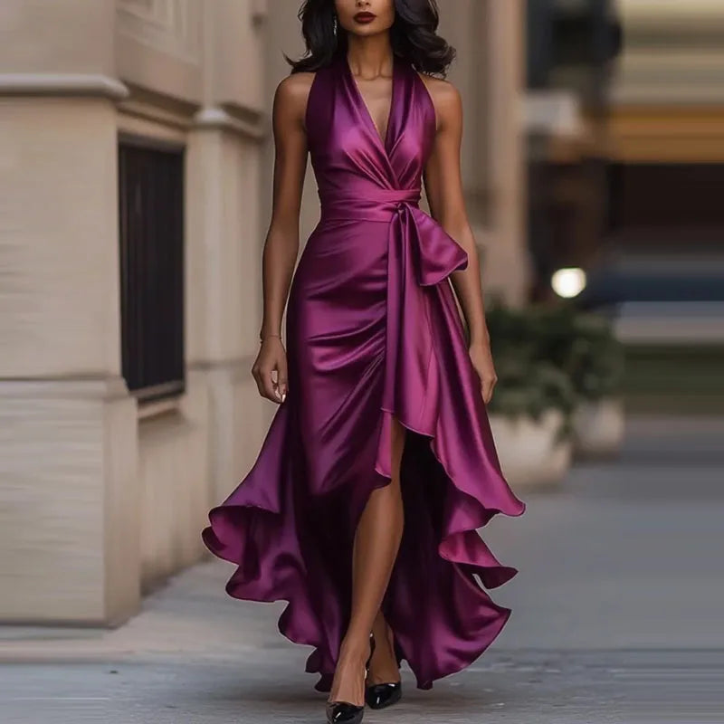 Halter Satin Maxi Dress for Evening Banquets
