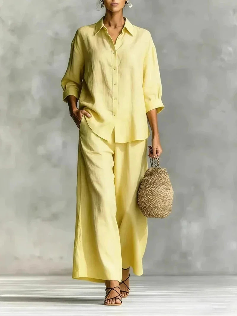 Two Piece Shirt and Wide Leg Pants Set for Summer Days