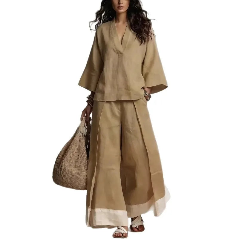 V Neck Linen Two-Piece Set for Relaxed Holiday Days