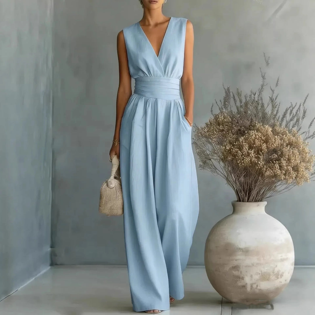 Sleeveless V Neck Wide-Leg Jumpsuit for Summer