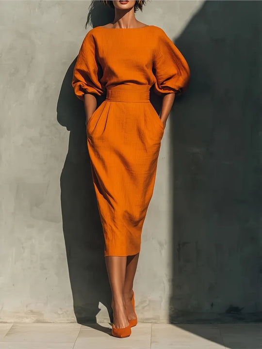 Elegant Pleated Lantern Sleeve Midi Dress for Office and Occasions