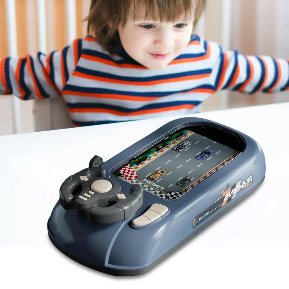 Child playing with driving simulator toy