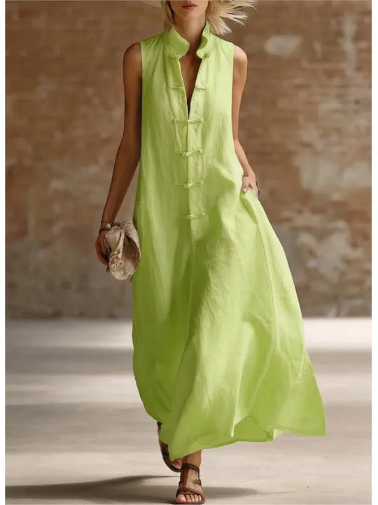 Breezy Frog Button Sleeveless Maxi Dress for Summer