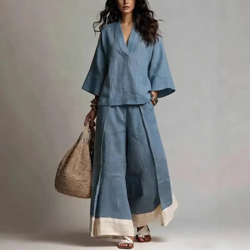 V Neck Linen Two-Piece Set for Relaxed Holiday Days