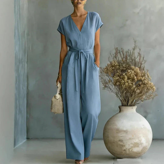 Relaxed Linen V Neck Wide Leg Jumpsuit for Everyday Wear