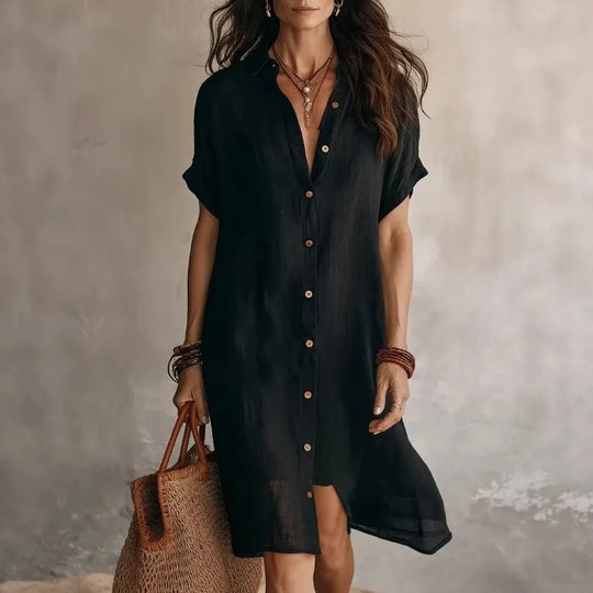 Casual Button Down Cotton Linen Shirt Dress for Summer and Beach