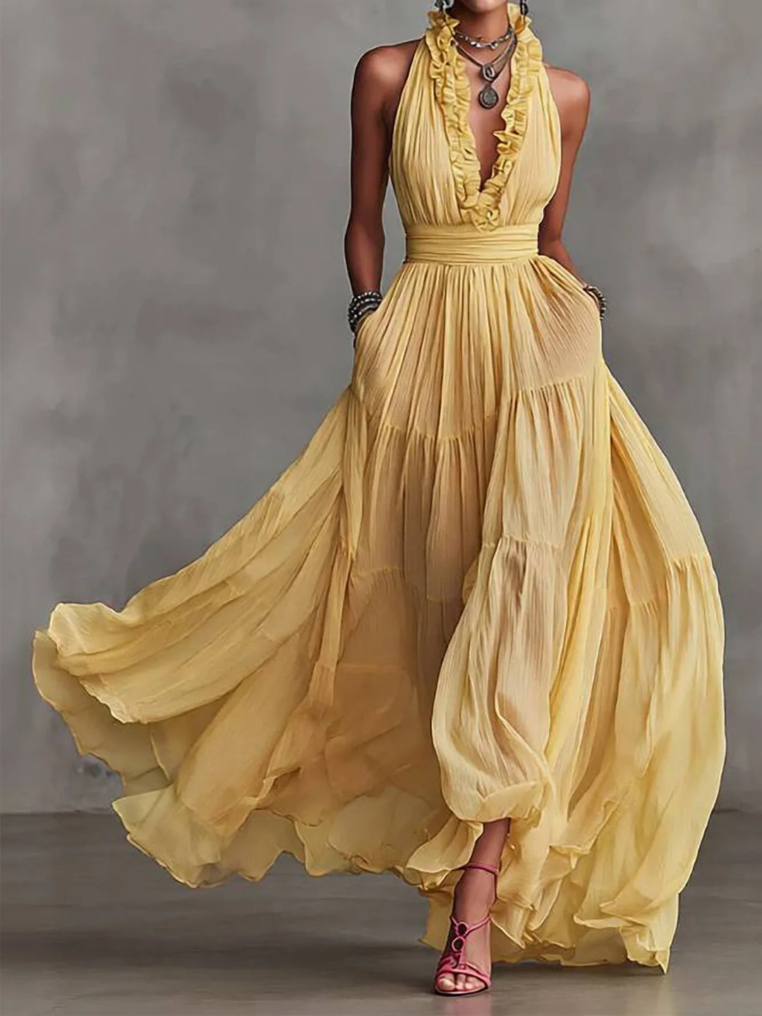 Ruffle Trim Backless Pleated Maxi Dress for Evenings