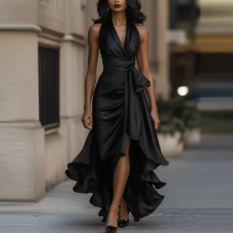 Halter Satin Maxi Dress for Evening Banquets