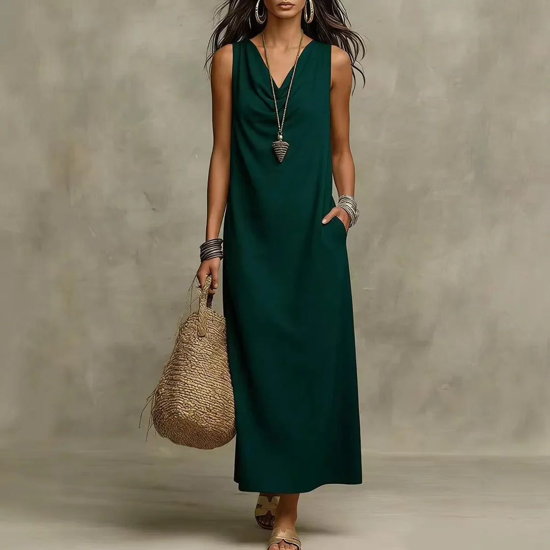 Casual Linen Sleeveless V Neck Maxi Dress for Summer