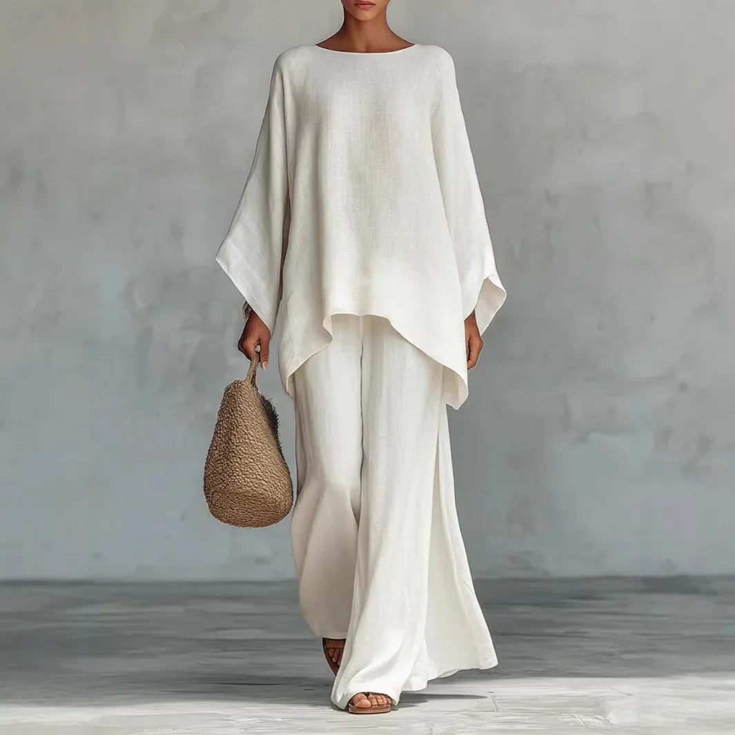 Relaxed Oversized Linen Batwing Top and Wide Leg Pants Set for Summer