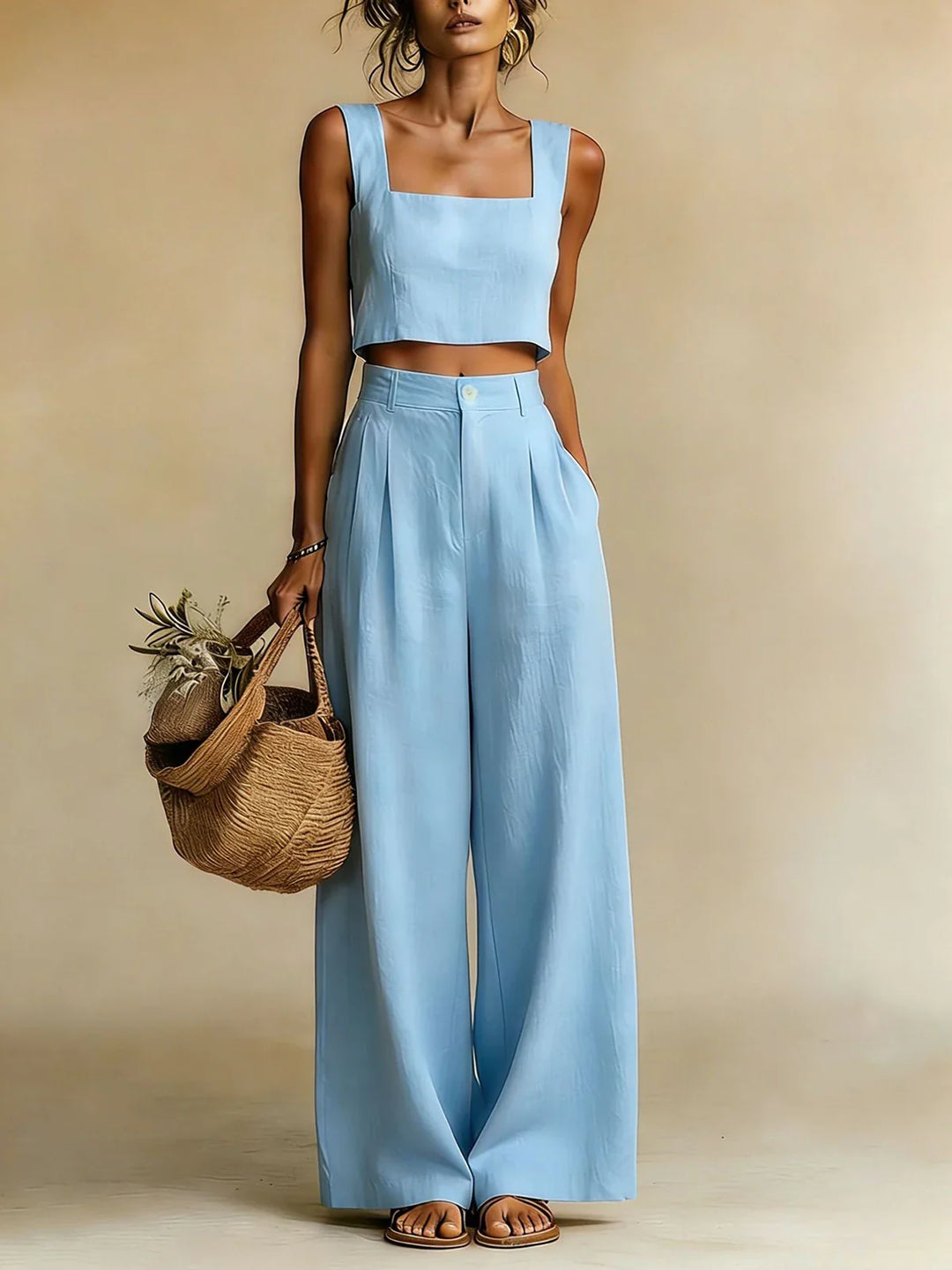 Relaxed Linen Crop Top and Wide Leg Palazzo Pants Set for Summer