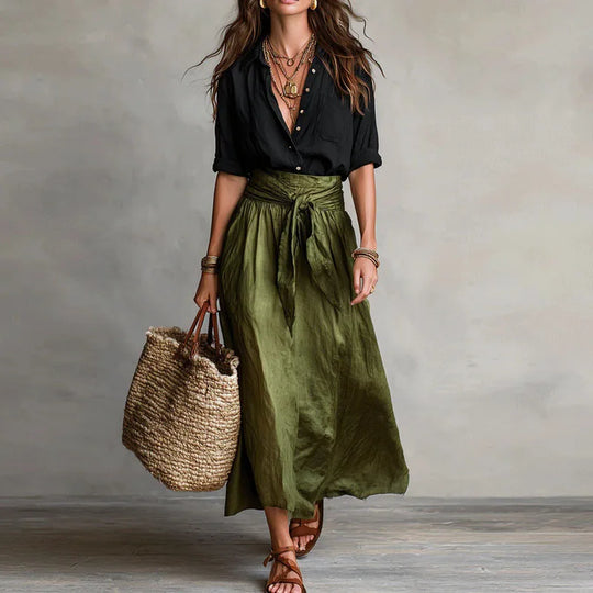Elegant Linen Blouse and Tie Waist Skirt Co Ord Set for Office and Outings
