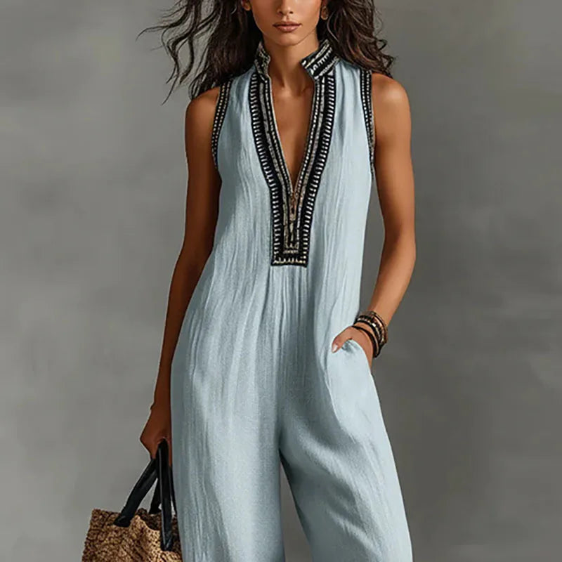 Vintage Deep V-Neck Sleeveless Jumpsuit for Work and Summer