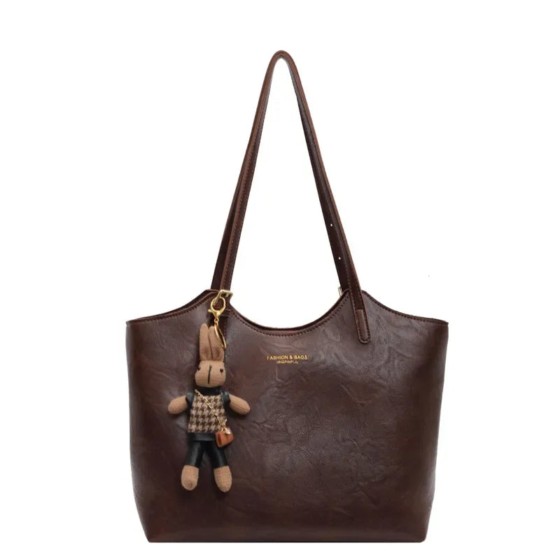Large Vegan Leather Shoulder Tote Bag with Detachable Charm for Everyday
