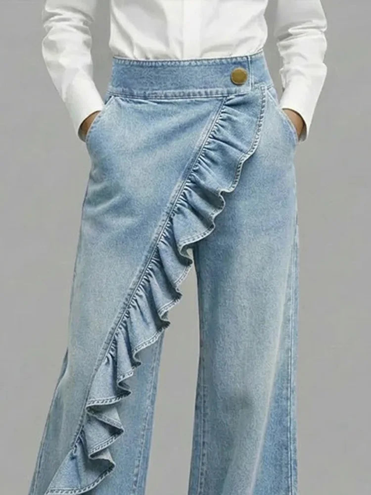 Wide Leg Asymmetrical Ruffle Jeans for Casual Streetwear