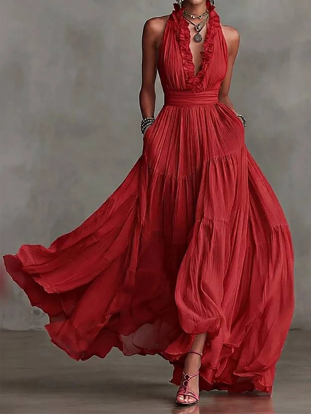 Ruffle Trim Backless Pleated Maxi Dress for Evenings