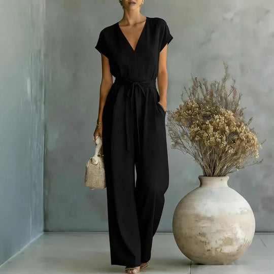 Relaxed Linen V Neck Wide Leg Jumpsuit for Everyday Wear