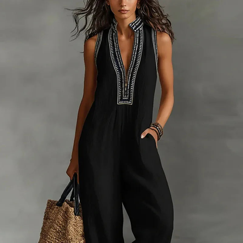 Vintage Deep V-Neck Sleeveless Jumpsuit for Work and Summer
