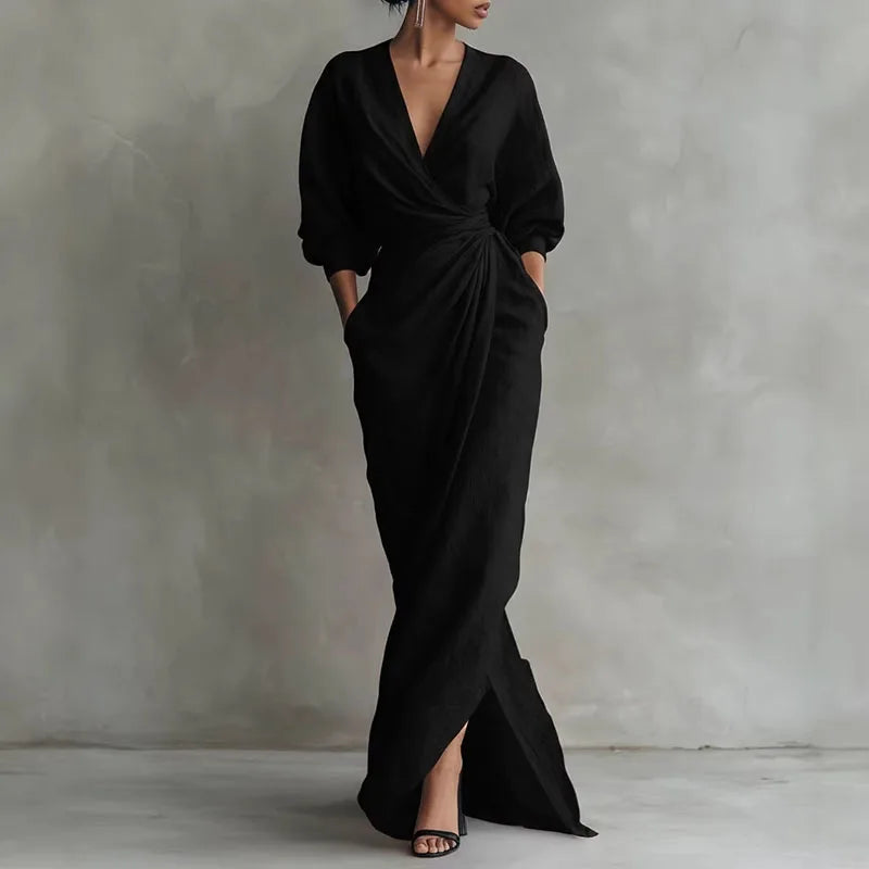 Elegant V Neck Wrap Waist Maxi Dress for Spring and Evening Wear