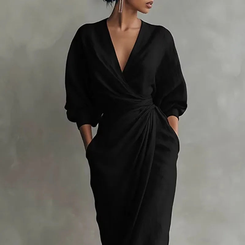 Elegant V Neck Wrap Waist Maxi Dress for Spring and Evening Wear