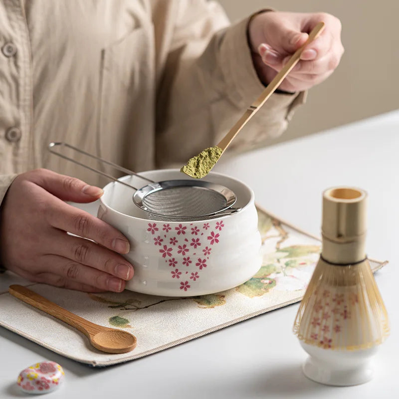 Sakura Ceramic Matcha Bowl and Bamboo Whisk Tea Set for Tea Ceremony