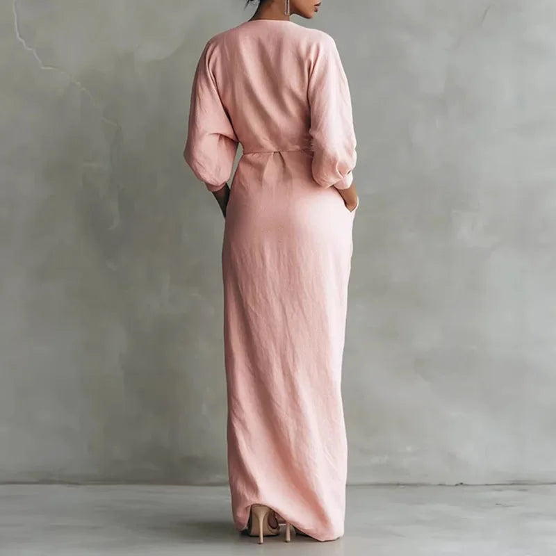 Elegant V Neck Wrap Waist Maxi Dress for Spring and Evening Wear