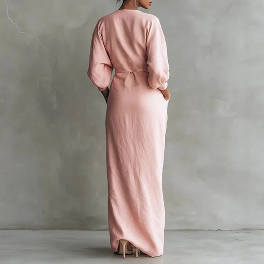 Elegant V Neck Wrap Waist Maxi Dress for Spring and Evening Wear