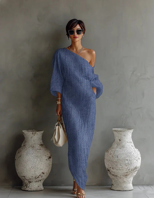 Elegant One Shoulder Linen Maxi Dress with Batwing Sleeves for Summer