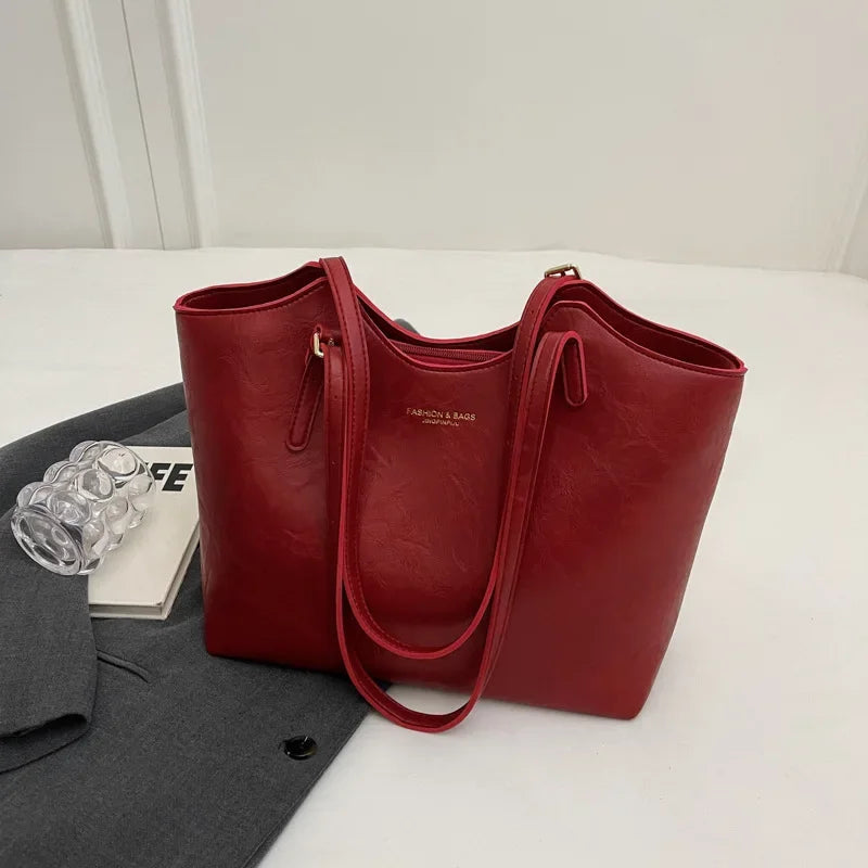 Large Vegan Leather Shoulder Tote Bag with Detachable Charm for Everyday