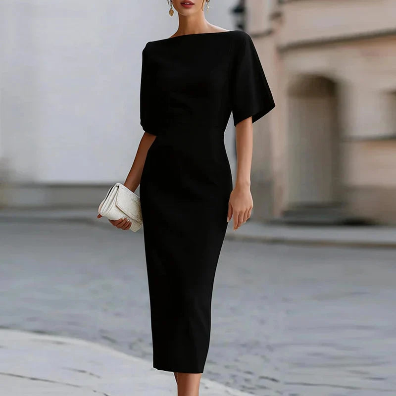 Refined Boat Neck Midi Dress for Semi Formal Occasions