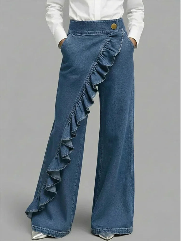 Wide Leg Asymmetrical Ruffle Jeans for Casual Streetwear