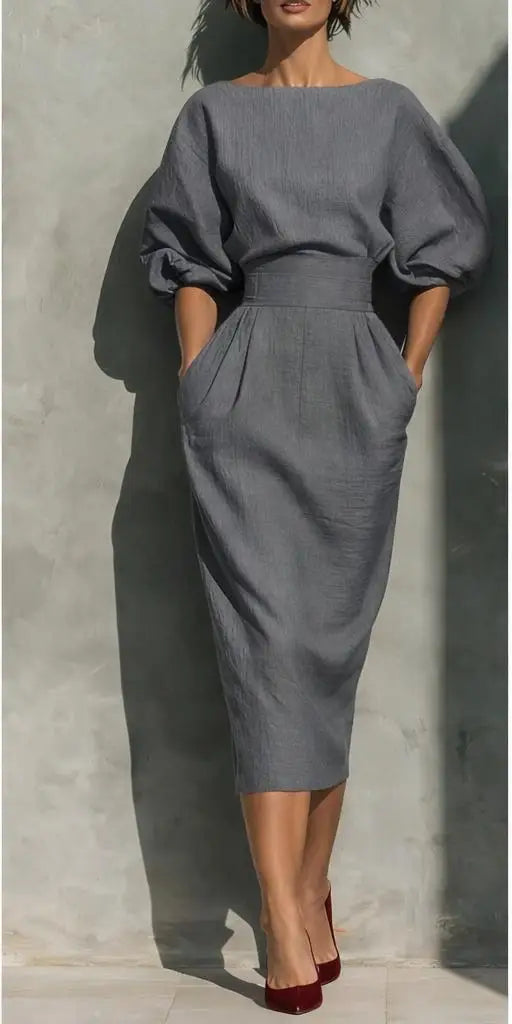 Elegant Pleated Lantern Sleeve Midi Dress for Office and Occasions