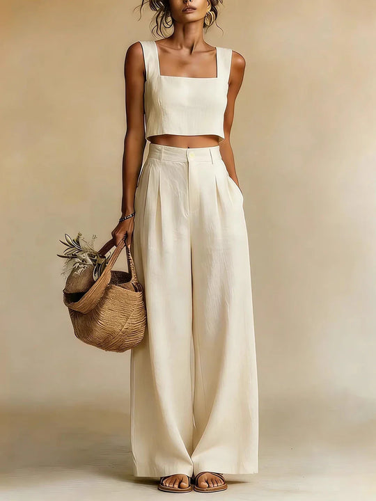 Relaxed Linen Crop Top and Wide Leg Palazzo Pants Set for Summer