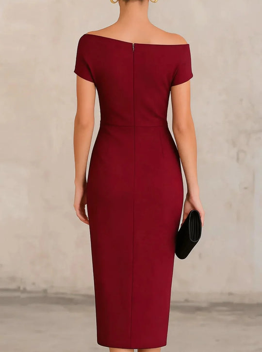 Elegant One Shoulder Pleated Midi Dress for Evening Occasions