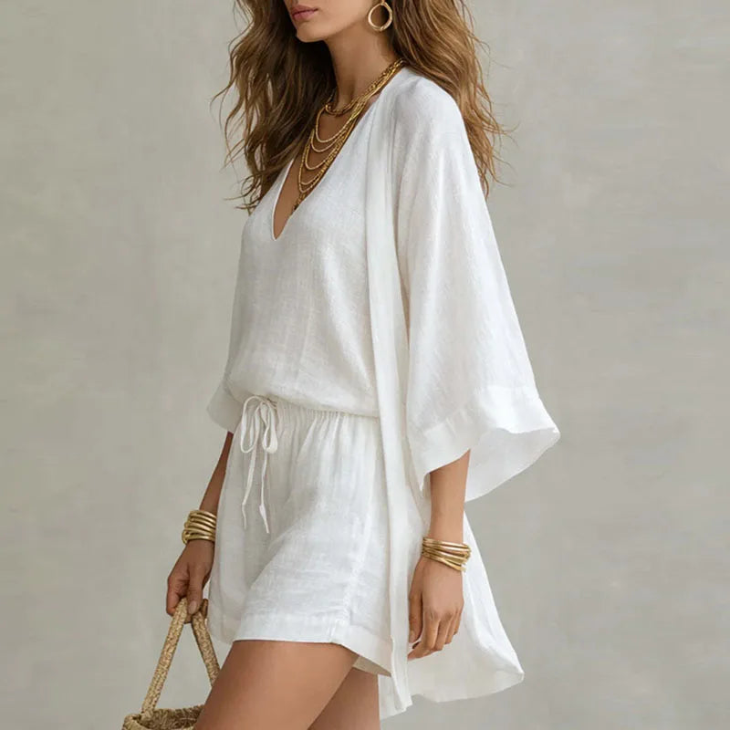 Relaxed Linen Vest Top and Drawstring Shorts Three Piece Set for Summer