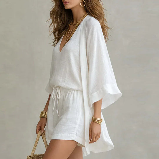 Relaxed Linen Vest Top and Drawstring Shorts Three Piece Set for Summer