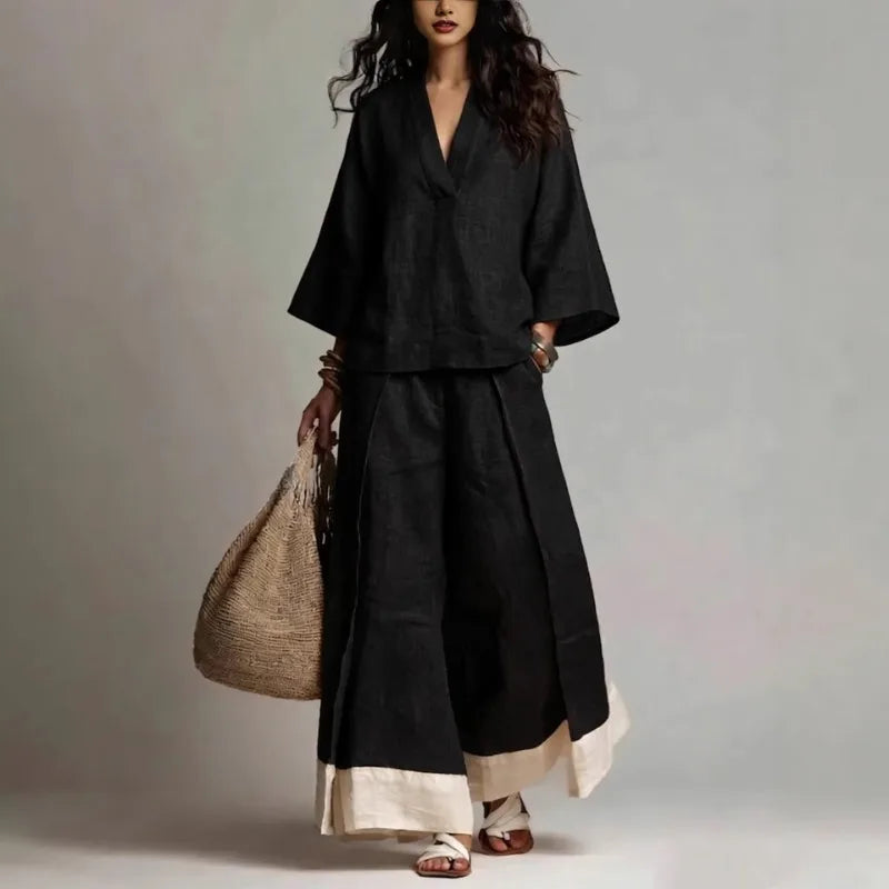 V Neck Linen Two-Piece Set for Relaxed Holiday Days