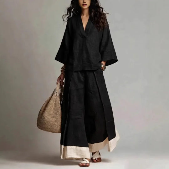 V Neck Linen Two-Piece Set for Relaxed Holiday Days