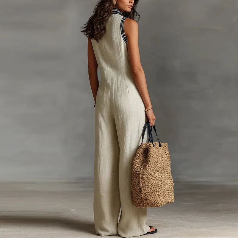 Vintage Deep V-Neck Sleeveless Jumpsuit for Work and Summer