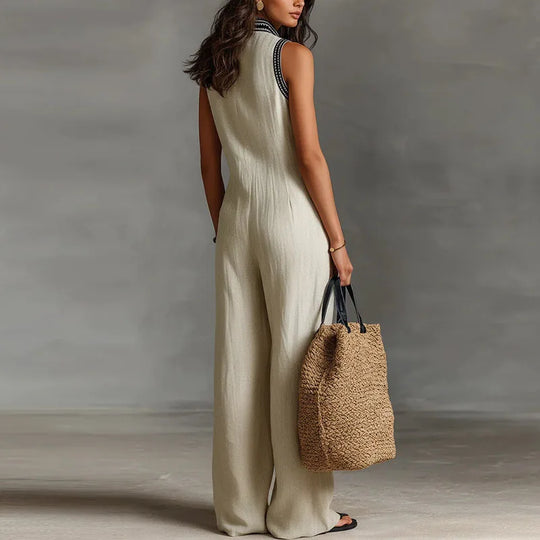 Vintage Deep V-Neck Sleeveless Jumpsuit for Work and Summer