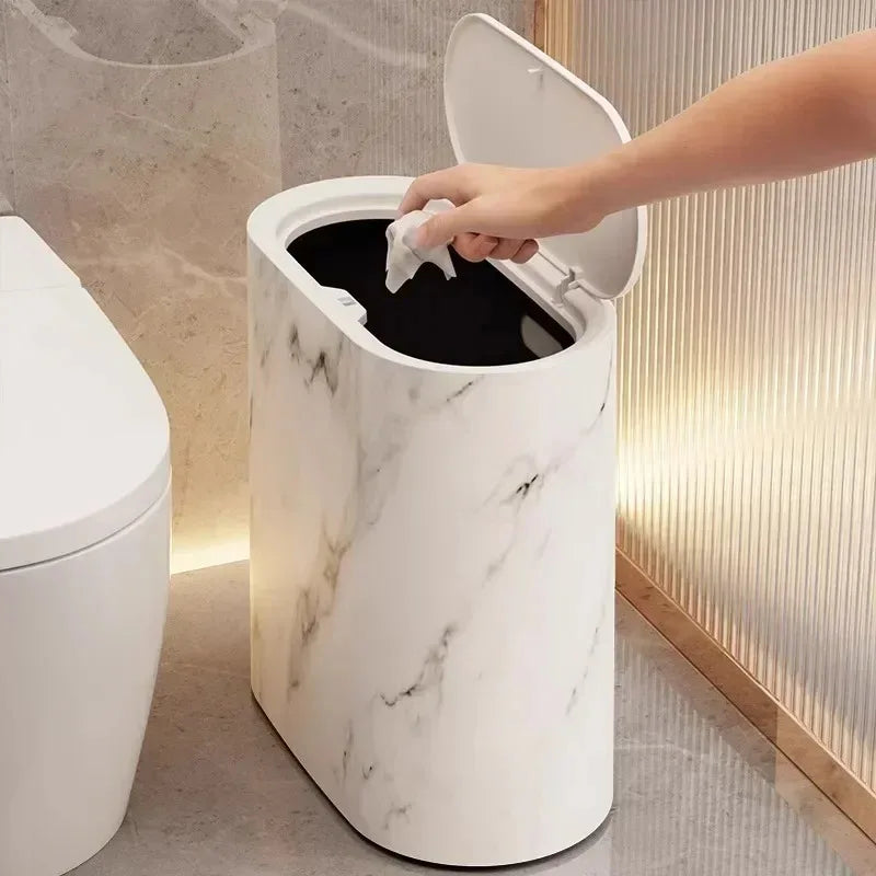 White marble bin in bathroom