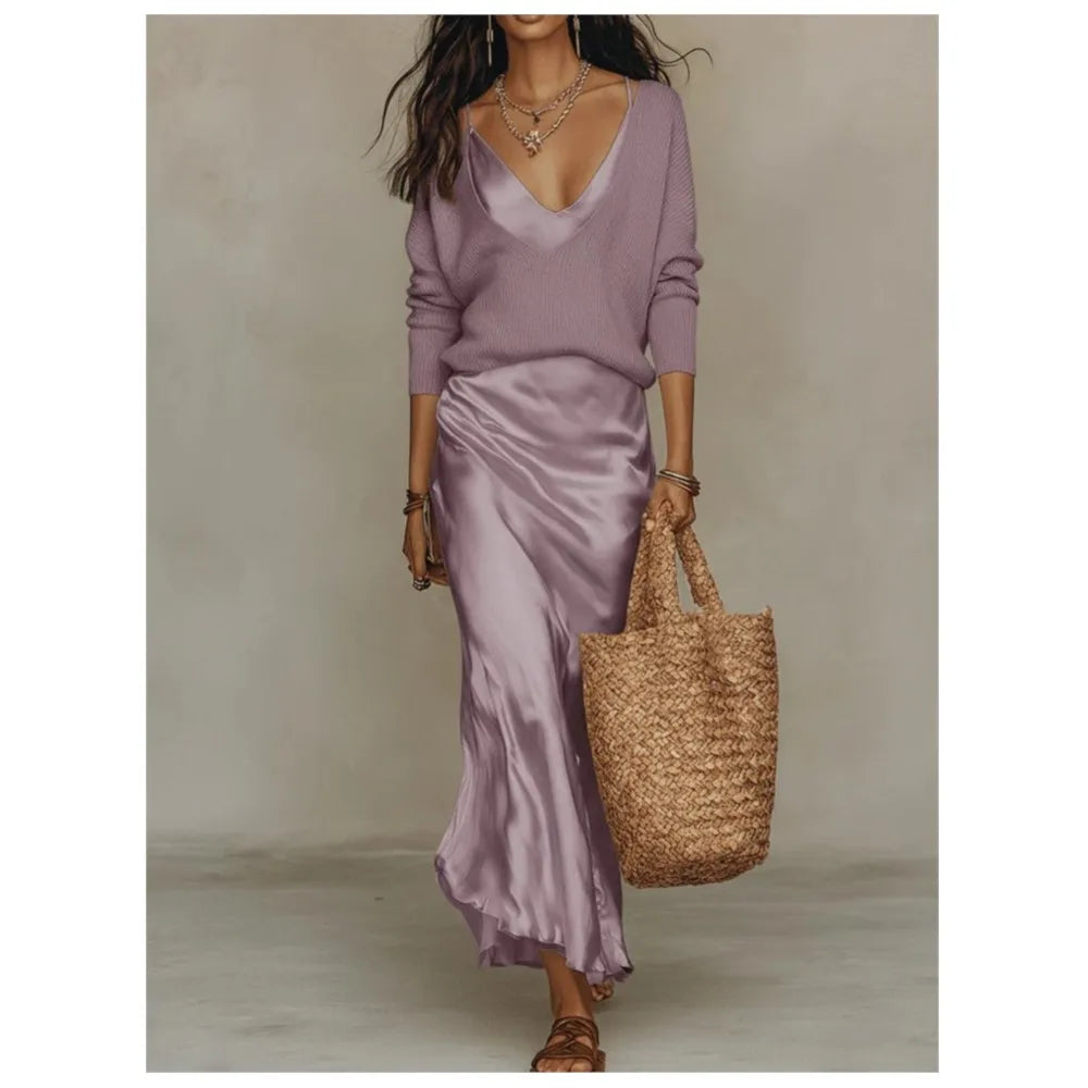Satin Skirt and Knit Top Two Piece Set for Workdays