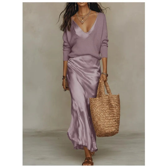 Satin Skirt and Knit Top Two Piece Set for Workdays